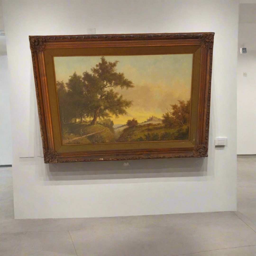 FRAMED OIL PAINTING ON CANVAS WITH RUIN AND MAN ON PATH BY STEPHAN HAAN classic mural painting