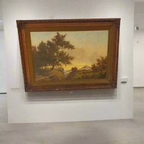 FRAMED OIL PAINTING ON CANVAS WITH RUIN AND MAN ON PATH BY STEPHAN HAAN classic mural painting
