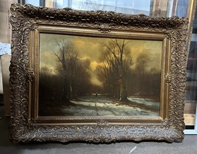 FRAMED OIL PAINTING ON WOOD OF A PEASANT IN A WINTER WOOD classic mural painting