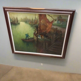 FRAMED OIL PAINTING "HARBOR VIEW" BY THOMPSON PRITCHARD classic mural painting