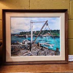 FRAMED OIL PAINTING WITH MAINE LOBSTER DOCKS classic mural painting