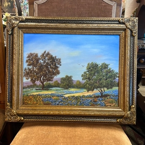 FRAMED OIL PAINTING WITH TREES AND BLUE BONNETS SIGNED ALLIE classic mural painting