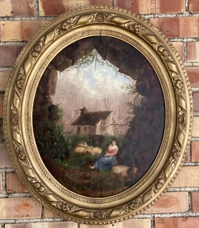 FRAMED OVAL OIL PAINTING OF WOMAN AND SHEEP classic mural painting