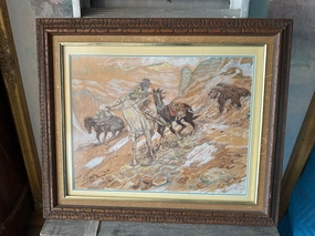 FRAMED PAINTING OF A TRAPPER CHASED BY A BEAR classic mural painting
