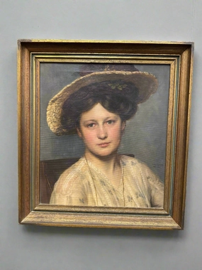 FRAMED  PORTRAIT OIL PAINTING OF YOUNG WOMAN IN HAT BY  ALFRED SCHWARTZSCHIELD classic mural painting