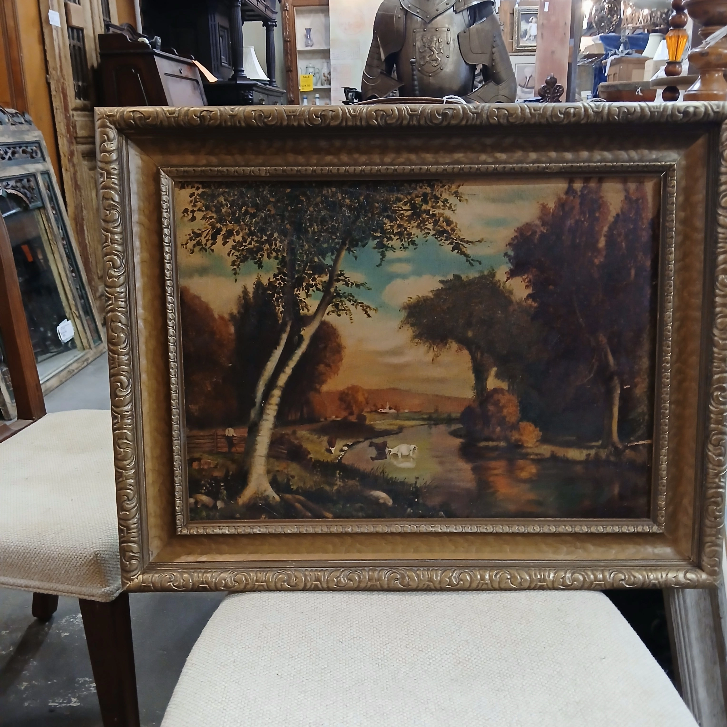 FRAMED PRIMITIVE COUNTRY OIL PAINTING WITH COWS