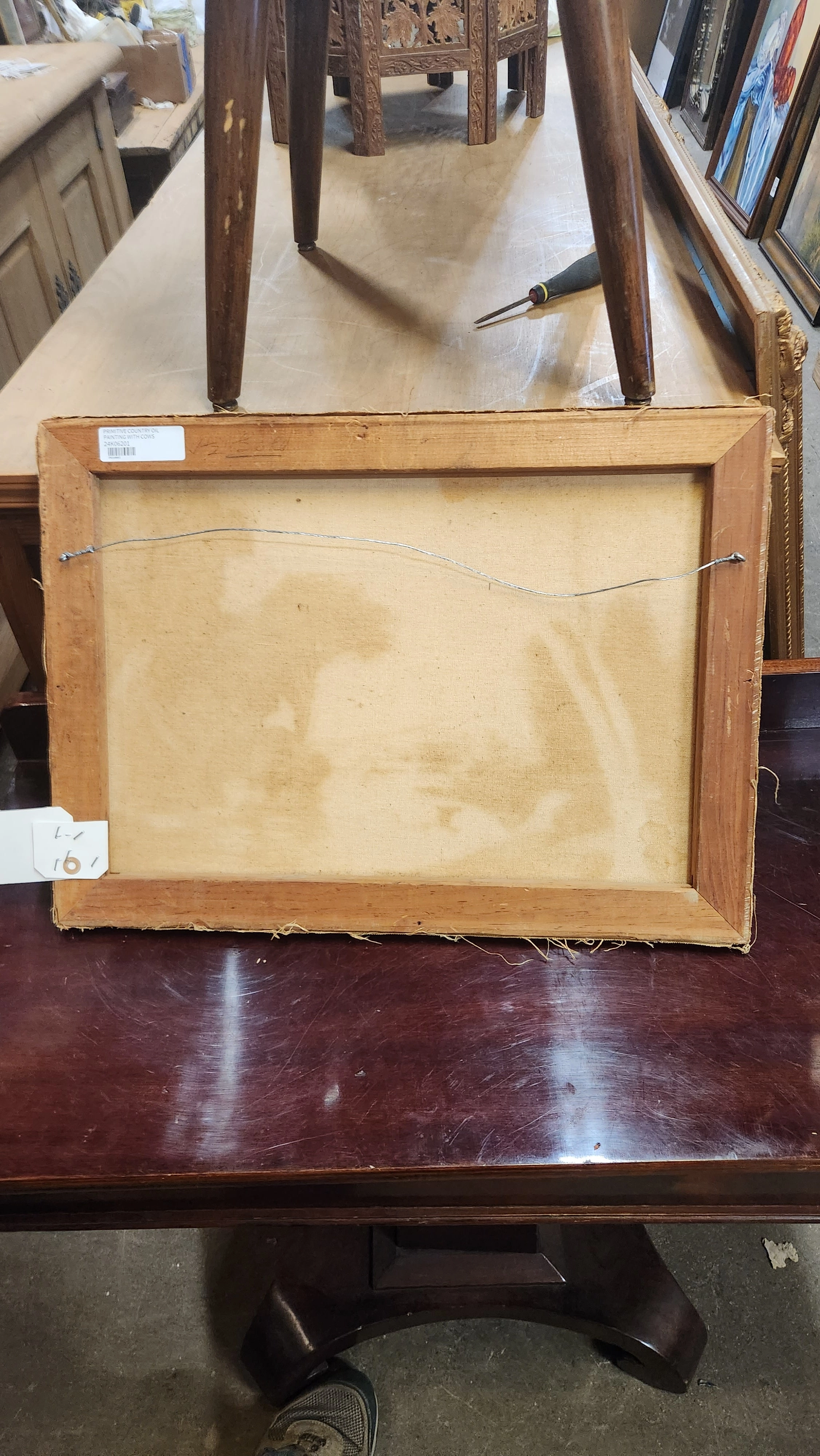 FRAMED PRIMITIVE COUNTRY OIL PAINTING WITH COWS