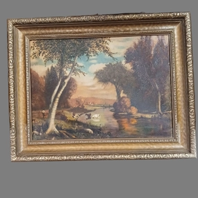 FRAMED PRIMITIVE COUNTRY OIL PAINTING WITH COWS classic mural painting