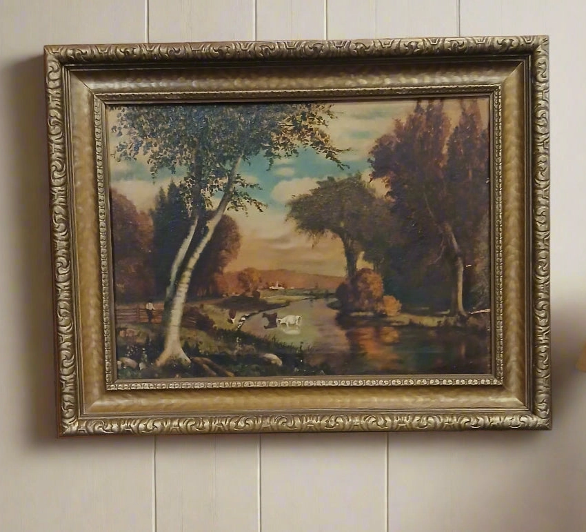FRAMED PRIMITIVE COUNTRY OIL PAINTING WITH COWS
