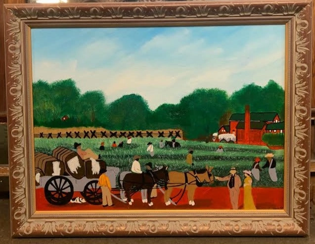 FRAMED PRIMITIVE OIL PAINTING OF COTTON FIELDS SIGNED DEAN '93 classic mural painting