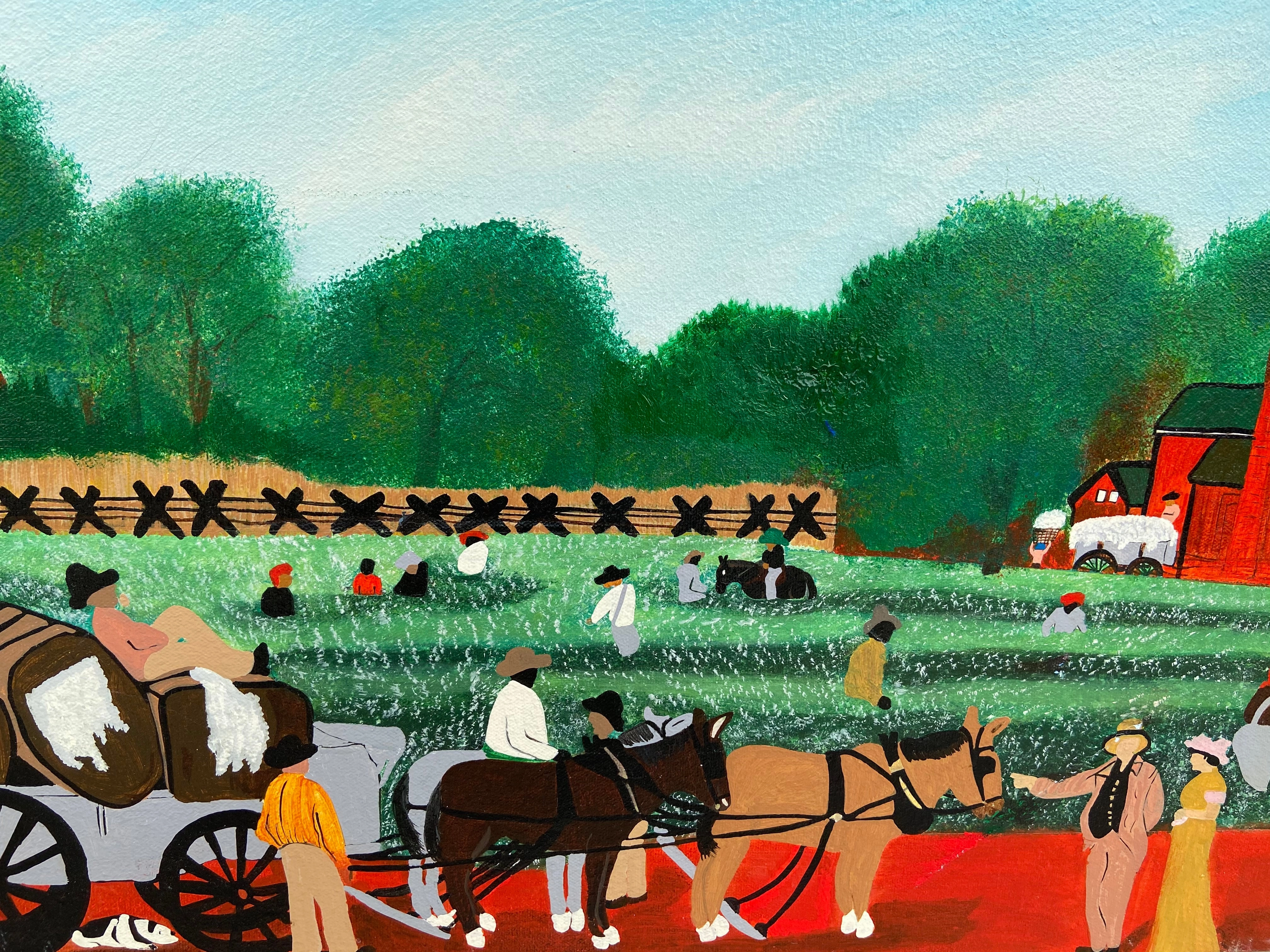 FRAMED PRIMITIVE OIL PAINTING OF COTTON FIELDS SIGNED DEAN '93