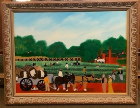 FRAMED PRIMITIVE OIL PAINTING OF COTTON FIELDS SIGNED DEAN '93 classic mural painting