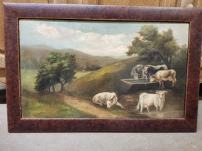 FRAMED PRIMITIVE OIL PAINTING OF COWS classic mural painting
