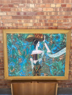 FRAMED RUSSIAN PAINTING OF LADY WITH BASKET classic mural painting