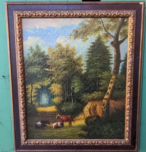 FRAMED RUSTIC PAINTING WITH 3 COWS classic mural painting