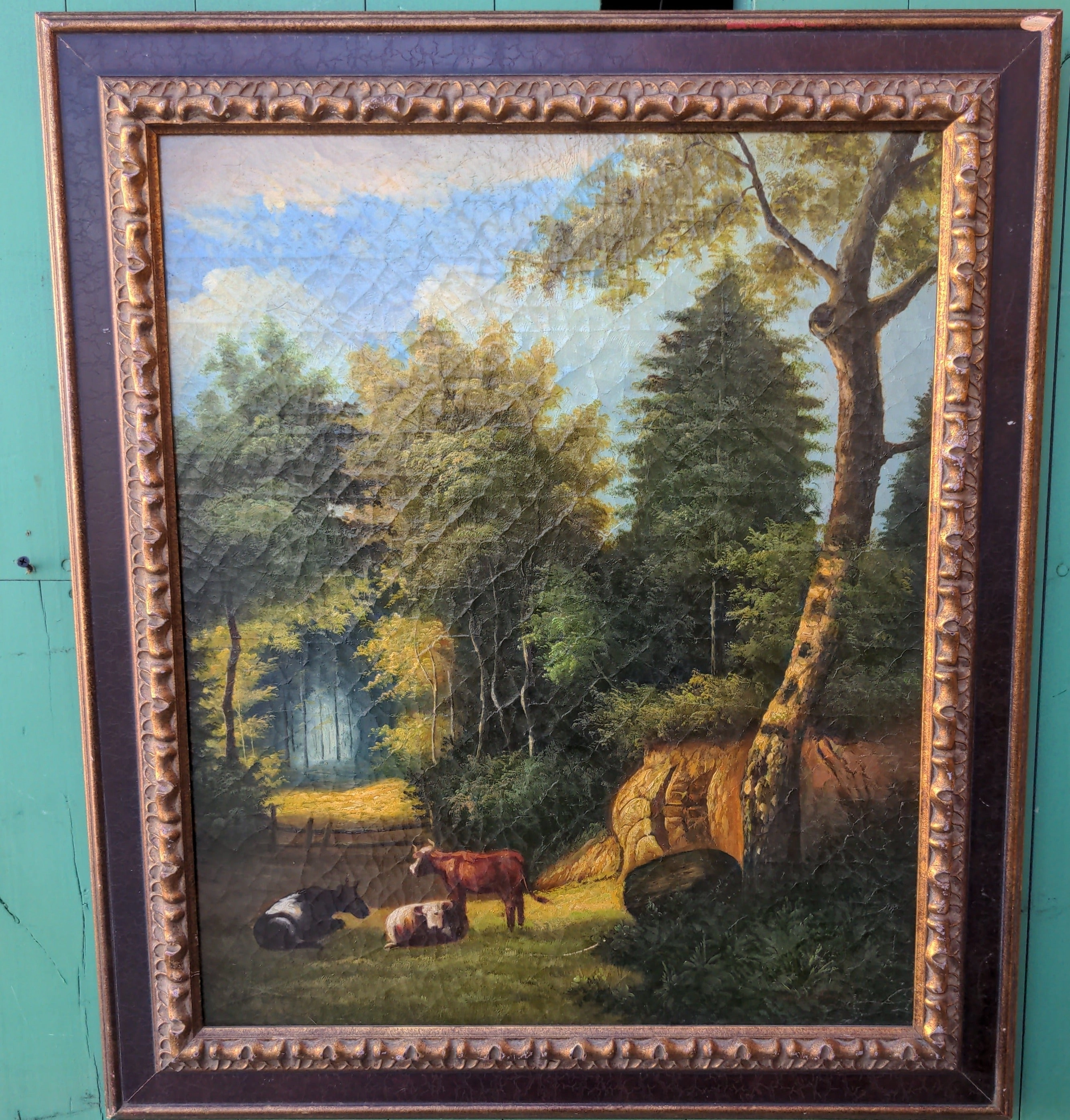 FRAMED RUSTIC PAINTING WITH 3 COWS classic mural painting