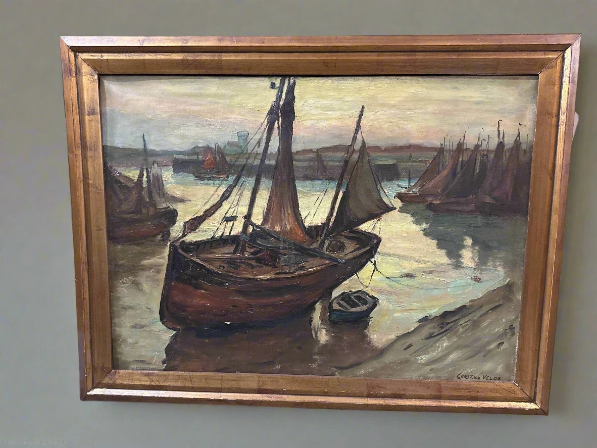 FRAMED SAILBOAT OIL PAINTING SIGNED V.D. VELDE classic mural painting