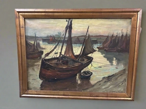 FRAMED SAILBOAT OIL PAINTING SIGNED V.D. VELDE classic mural painting