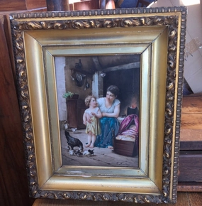 FRAMED SIGNED PAINTING ON PORCELAIN OF WOMAN AND GIRL classic mural painting