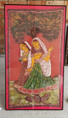 FRAMED VERTICAL INDIAN LADIES PAINTING ON FABRIC classic mural painting