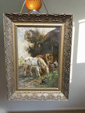 FRAMED VERTICAL OIL PAINTING OF HORSES SIGNED HENRY SCHOUTEN classic mural painting