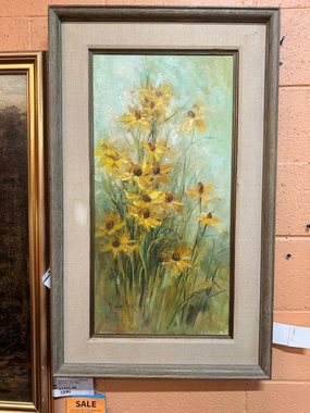 FRAMED VERTICAL OIL PAINTING OF YELLOW FLOWERS classic mural painting