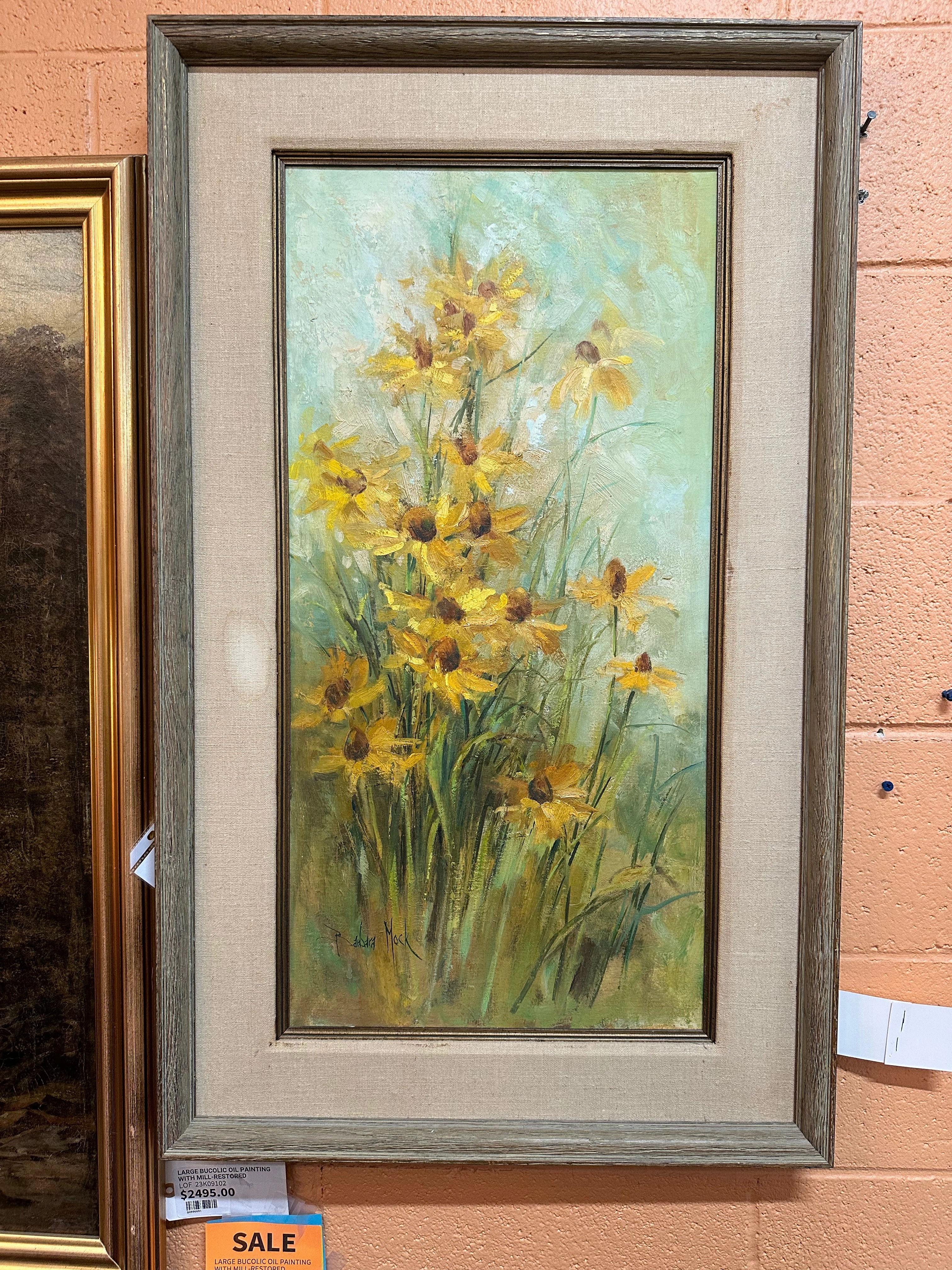 FRAMED VERTICAL OIL PAINTING OF YELLOW FLOWERS classic mural painting