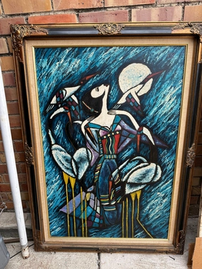 FRAMED VINTAGE OIL PAINTING IN THE MANNER OF PICASSO SIGNED 1952 classic mural painting