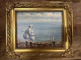FRAMED VINTAGE SEASIDE OIL PAINTING ON BOARD classic mural painting
