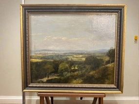 FRAMED VISTA LANDSCAPE OIL PAINTING WITH LADY ON PATH classic mural painting