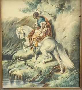 FRAMED WATER COLOR PAINTING OF A SWARTHY MAN ON A HORSE classic mural painting