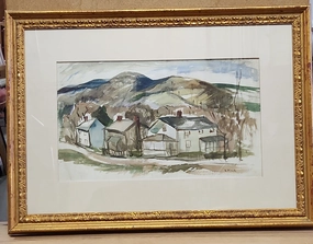 FRAMED WATER COLOR PAINTING OF A VILLAGE classic mural painting
