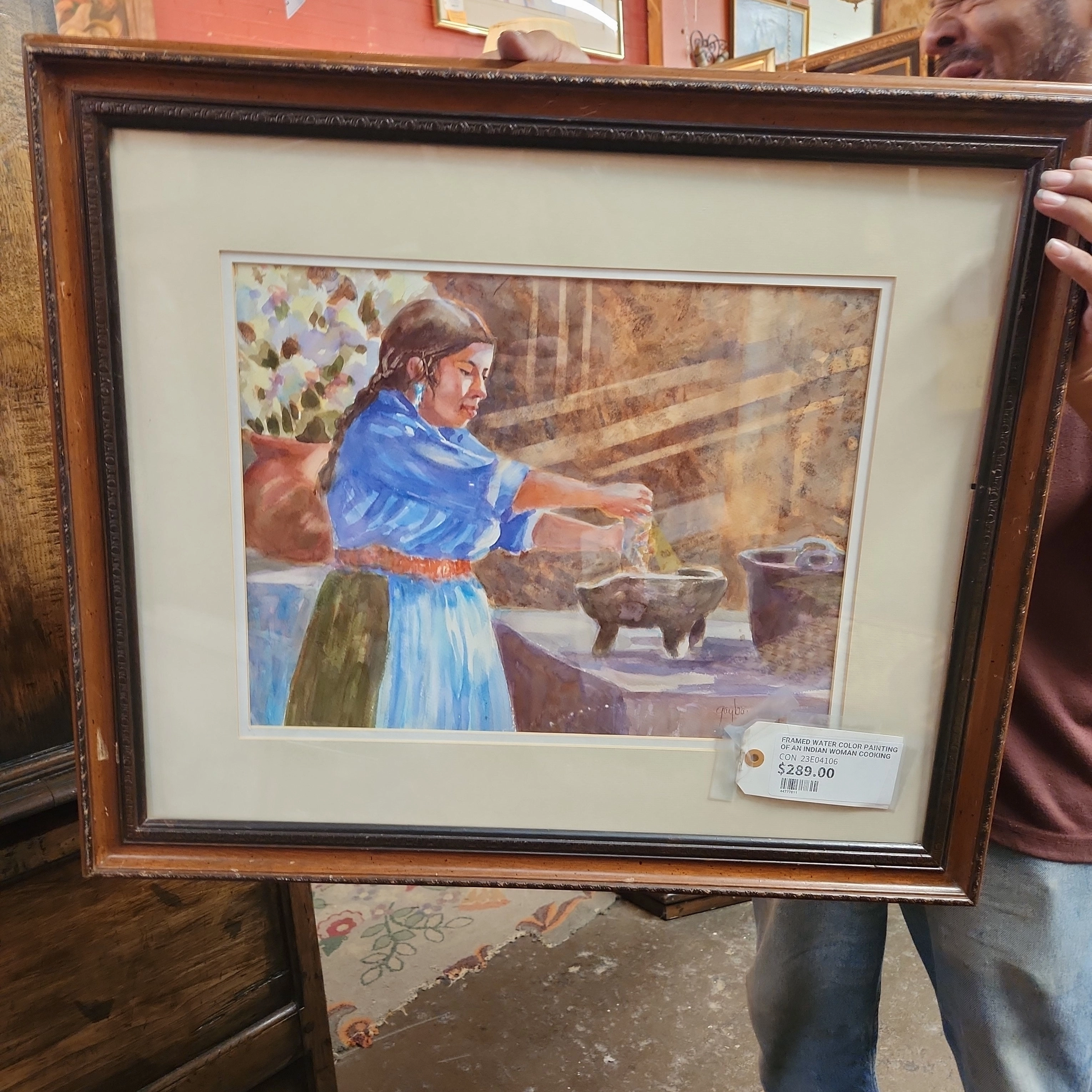 FRAMED WATER COLOR PAINTING OF AN INDIAN WOMAN COOKING classic mural painting