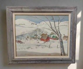 FRAMED WATERCOLOR OF A COUNTRY SNOW SCENE classic mural painting