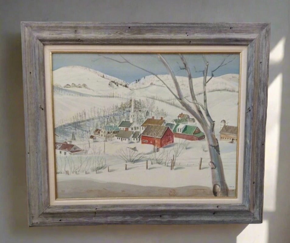 FRAMED WATERCOLOR OF A COUNTRY SNOW SCENE classic mural painting