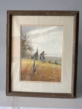 FRAMED WATERCOLOR OF A COWBOY "ON THE RUN" SIGNED PAT WATERS classic mural painting