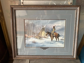 FRAMED WATERCOLOR OF AN INDIAN AND TEEPEE SIGNED MARY SELFRIDGE classic mural painting