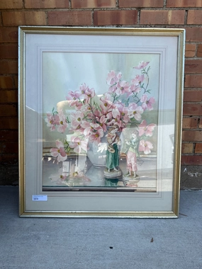 FRAMED WATERCOLOR OF PINK FLOWERS IN WHITE VASE classic mural painting