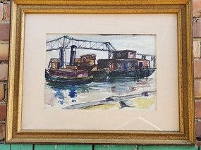 FRAMED WATERCOLOR PAINTING OF RIVERBOATS BY H. FINCK classic mural painting