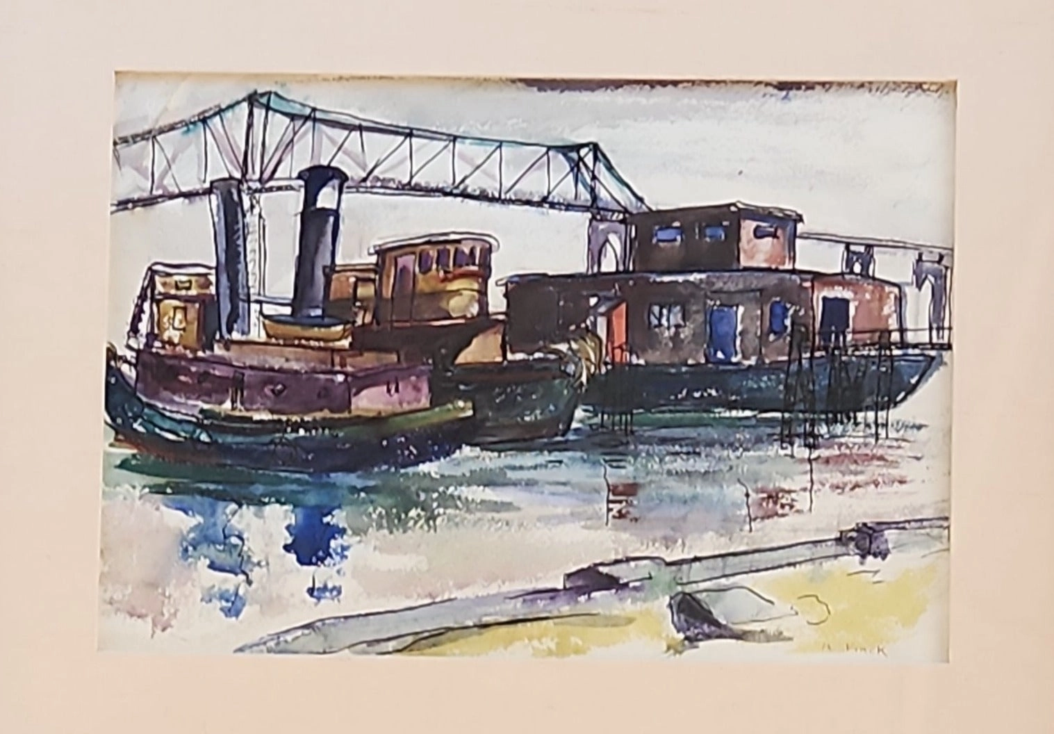 FRAMED WATERCOLOR PAINTING OF RIVERBOATS BY H. FINCK