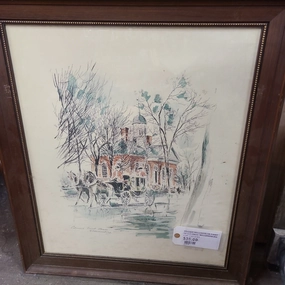 FRAMED WATERCOLOR PRINT OF COLONIAL WILLIAMSBURG classic mural painting