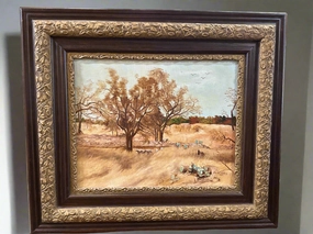 FRAMED WESTERN LANDSCAPE OIL PAINTING WITH DOG AND SHEEP BY MAUDE WATERS classic mural painting