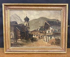FRANZ KRIPPENDORF ALPINE VILLAGE OIL PAINTING ON BOARD classic mural painting