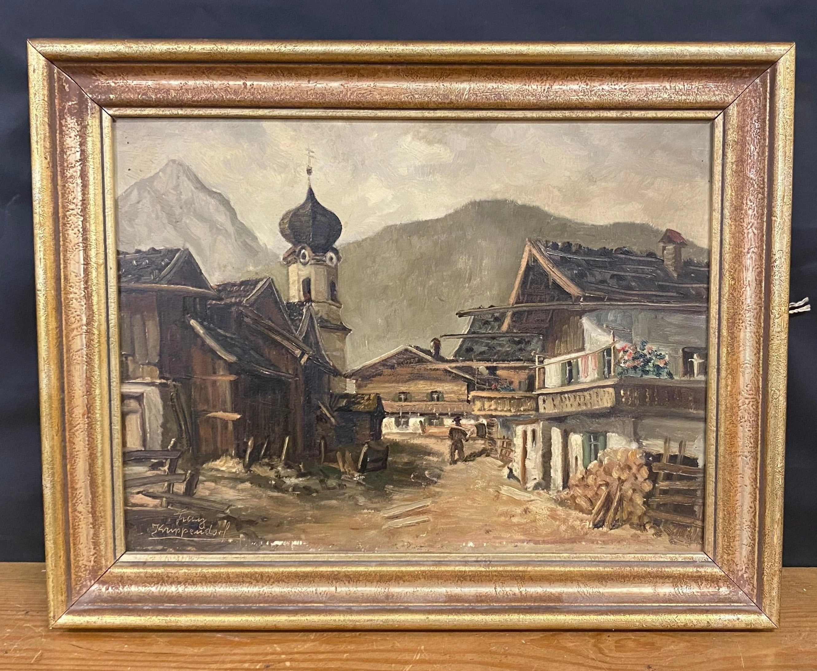 FRANZ KRIPPENDORF ALPINE VILLAGE OIL PAINTING ON BOARD classic mural painting