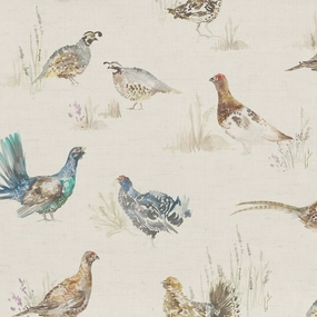 Game Birds Printed Linen Fabric (By The Metre) Natural elegant table cloth  