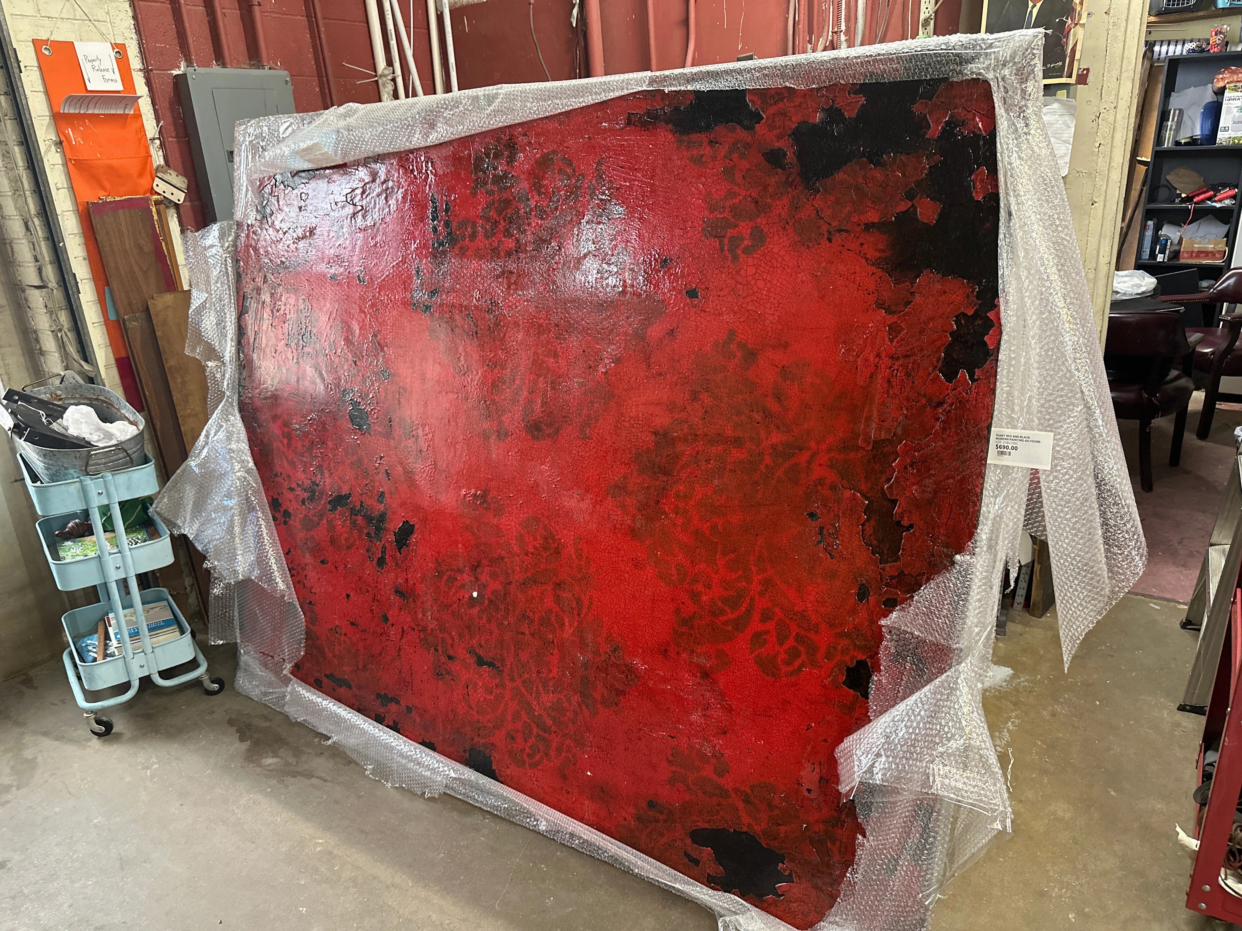 GIANT RED AND BLACK MODERN PAINTING SIGNED AS FOUND