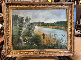 GILT FRAME VICTORIAN OIL PAINTING WITH BATHERS classic mural painting