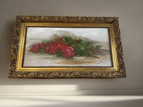 GILT FRAMED HORIZONTAL OIL PAINTING OF ROSES BY MAUDE WATERS classic mural painting