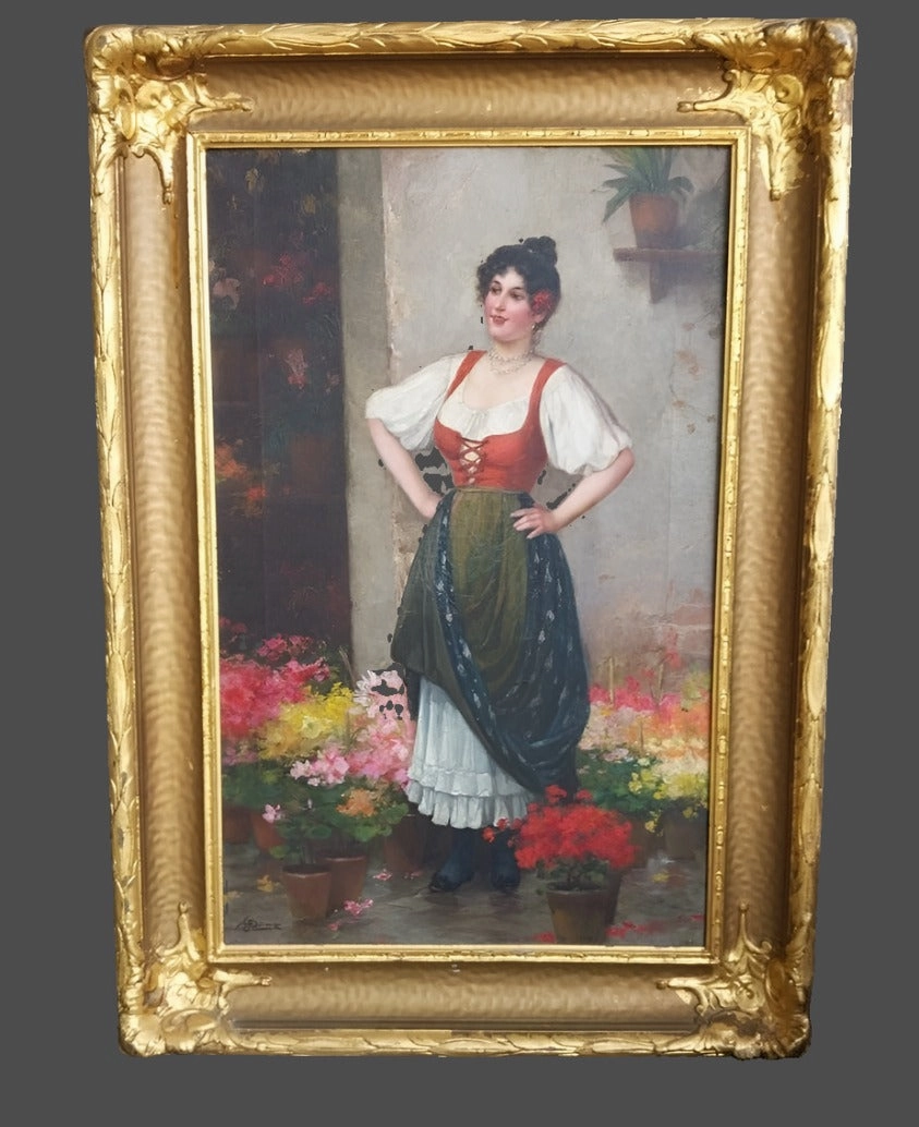 GILT FRAMED ITALIAN OIL PAINTING OF A YOUNG CONFIDENT LADY-  SIGNED classic mural painting