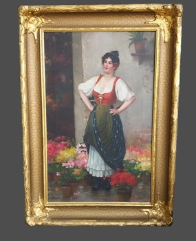 GILT FRAMED ITALIAN OIL PAINTING OF A YOUNG CONFIDENT LADY-  SIGNED classic mural painting